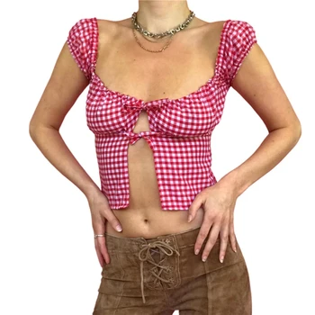 Fairy Grunge Plaid Crop Top Summer Women Short Sleeve Tie Up Bandage Vest Kawaii Off Shoulder T Shirt Женски дрехи