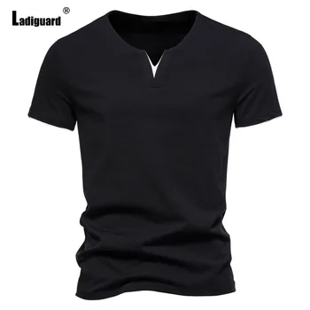 Плюс размер 5xl Мъжки тениски 2024 Къс ръкав модни върхове Мъжки прости основни пуловери Черно бяло Ежедневни ризи с V-образно деколте Облекло