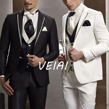 Последни бели костюми за сватбени смокинги младоженец носят черен връх ревера Groomsmen облекло мъж блейзъри 3 парчета костюм Homme
