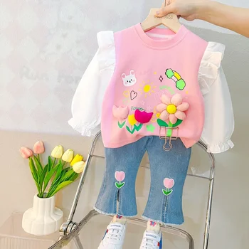 2023 Пролетни детски дрехи комплекти бебе момичета дантела флорални т риза дънки 2 бр костюми карикатура детски дрехи екипировки детски костюм