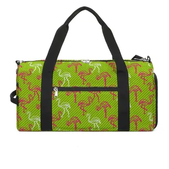 Фламинго птица фитнес чанта зелени и розови райета открит спортни чанти с обувки пътуване печат чанта реколта фитнес чанта за двойка